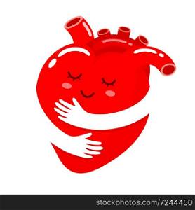 Red heart with hand embrace. human organ cartoon character. icon design. Health care concept. World heart day. Illustration isolated on white background.
