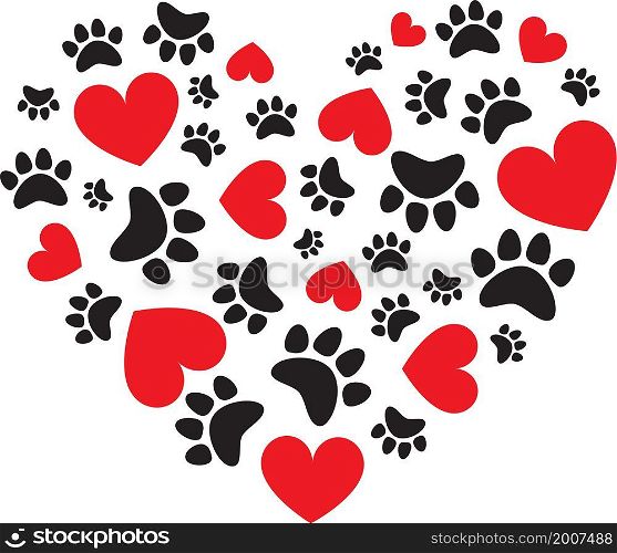 Red hearts and animal paws, cat, dog track heart shape composition. Vector illustration.