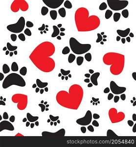 Red hearts and animal paws, cat, dog track seamless pattern. Vector illustration.