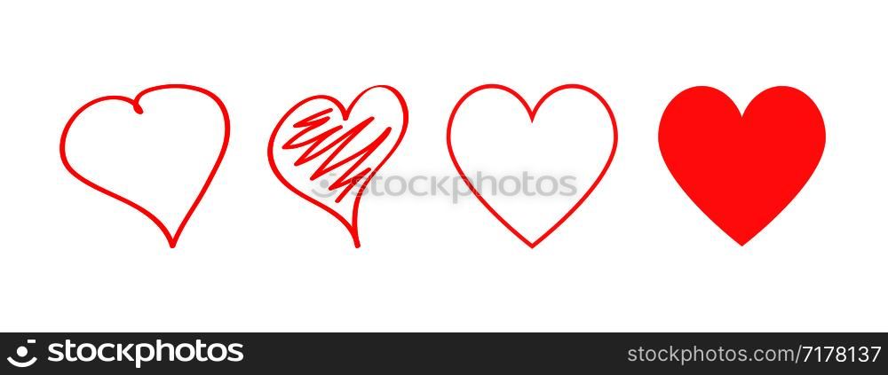 Red hearts icons different design. Love symbol. Heart hand drawn. Line design. Heart icons for design on Valentines Day. Eps10. Red hearts icons different design. Love symbol. Heart hand drawn. Line design. Heart icons for design on Valentines Day