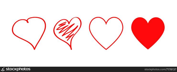 Red hearts icons different design. Love symbol. Heart hand drawn. Line design. Heart icons for design on Valentines Day. Eps10. Red hearts icons different design. Love symbol. Heart hand drawn. Line design. Heart icons for design on Valentines Day