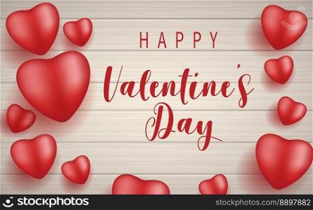 Red hearts on wooden texture background. Valentines Day greeting card design. Vector illustration