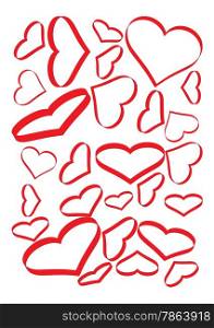Red Hearts Set on a White Page, They Are Different Sizes and Tilts.