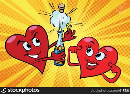 Red hearts Valentines open the champagne, pop art retro vector. New year and celebration of the wedding