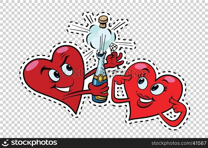 Red hearts Valentines open the champagne, pop art retro vector. New year and celebration of the wedding. Transparent cell background. Label sticker outline