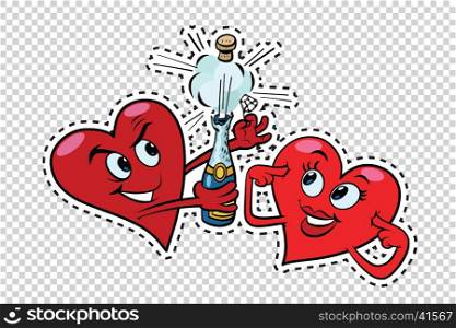 Red hearts Valentines open the champagne, pop art retro vector. New year and celebration of the wedding. Transparent cell background. Label sticker outline