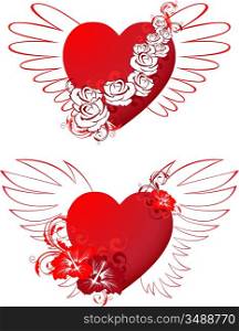 red hearts with floral ornament and wings for Valentine&acute;s day
