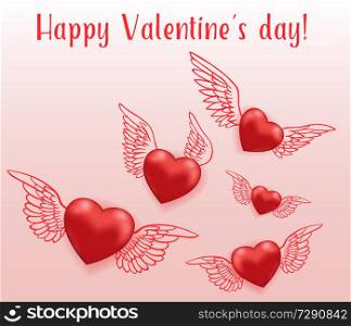 Red hearts with wings flying in the air. Greeting card for Saint Valentine&rsquo;s day. Hand drawn vector illustration.