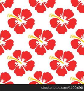 Red Hibiscus pattern. Seamless background with colorful flowers on whitebackdrop. Vector illustration. Hibiscus pattern seamless on white background.
