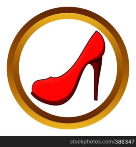 Red high heel shoe vector icon in golden circle, cartoon style isolated on white background. Red high heel shoe vector icon