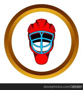 Red hockey helmet with cage vector icon in golden circle, cartoon style isolated on white background. Red hockey helmet with cage vector icon