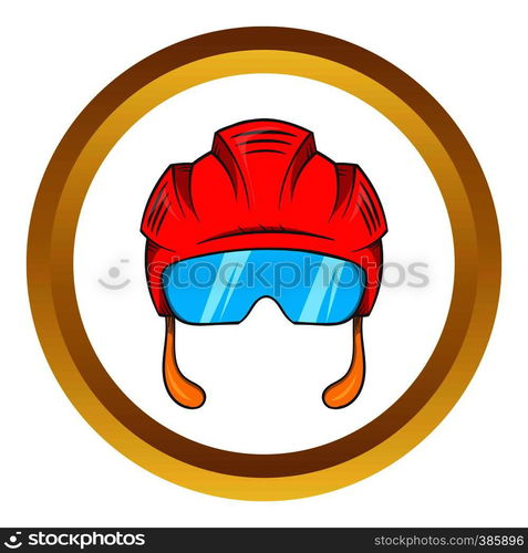 Red hockey helmet with glass visor vector icon in golden circle, cartoon style isolated on white background. Red hockey helmet with glass visor vector icon