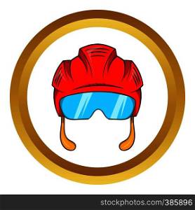 Red hockey helmet with glass visor vector icon in golden circle, cartoon style isolated on white background. Red hockey helmet with glass visor vector icon