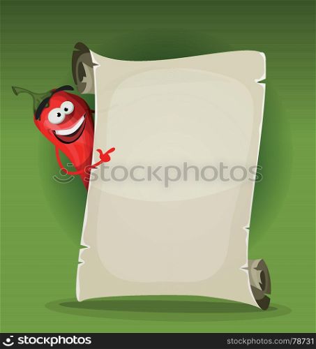 Red Hot Chili Pepper Holding Restaurant Menu. Illustration of a funny cartoon red hot chili pepper spice character, holding a restaurant menu on a parchment scroll, for hot meals and south american or italian food