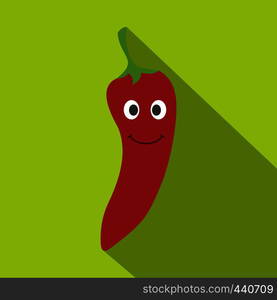 Red hot chili pepper smiling icon. Flat illustration of red hot chili pepper smiling vector icon for web on lime background. Red hot chili pepper smiling icon, flat style