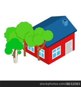 Red house icon isometric vector. One storey building and deciduous green tree. New residential house, private property. Red house icon isometric vector. One storey building and deciduous green tree
