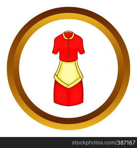 Red housewife dress with white apron vector icon in golden circle, cartoon style isolated on white background. Red housewife dress with white apron vector icon