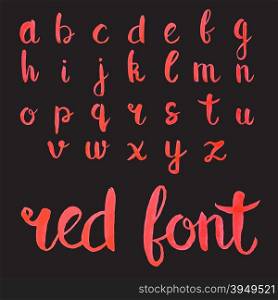 Red ink hand drawn alphabet, lower case letters. Expressive calligraphy font. Calligraphy Brush painted script font.