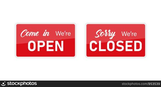 Red isolated signboards open and closed - Illustration of hanging signs in red color isolated on white background. EPS 10. Red isolated signboards open and closed - Illustration of hanging signs in red color isolated on white background.