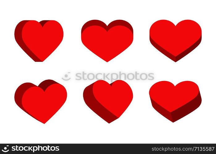 Red isometric hearts icon set, love symbol vector illustration