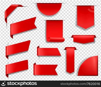 Red labels, tags and banners realistic vector set. Blank price tag sticking out from transparent background, red banners hanging on corner, bookmarks and label templates. Web page design element. Red labels, tags and banners. Vector set