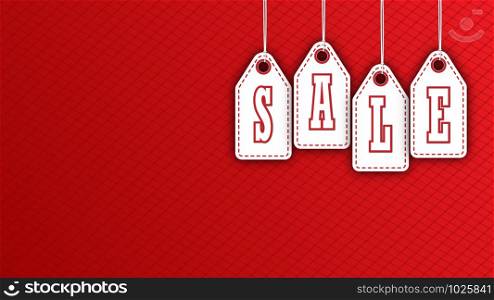 Red labels with the words SALE hanging on the ropes. Red background.