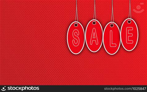 Red labels with the words SALE hanging on the ropes. Red background.