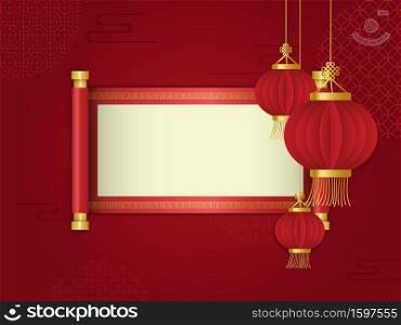 Red lantern and scroll in front of chinese abstract background in paper cut style. Suitable for graphic, banner, card, flyer and many purpose