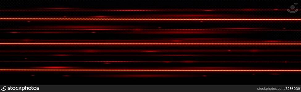 Red laser beam vector background. Neon line glow transparent graphic effect on dark background. Safety scanner pattern design with parallel stripe and sparkle. Cyber header banner overlay with opacity. Red laser beam vector background, neon line glow