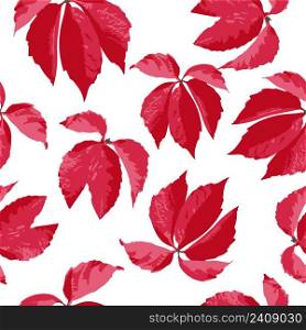 Red leaves on white background seamless pattern. Repeating pattern with red leaves. Vector background for design