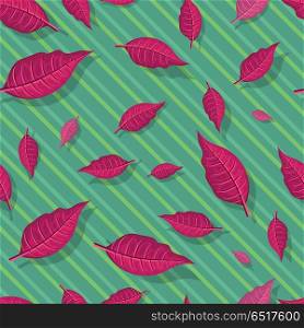 Red Leaves Seamless Pattern Vector Illustration. Leaves vector seamless pattern. Flat style illustration. Falling red tree leaves on green background. Autumn defoliation. For wrapping paper, greeting card, invitation, printing materials design