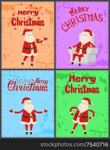 Red lettering calligraphy Merry Christmas greetings, Santa Claus sitting in cosy white armchair, cartoon character stickers on color backdrop, wintertime vector. Red Lettering Calligraphy Merry Xmas Greetings