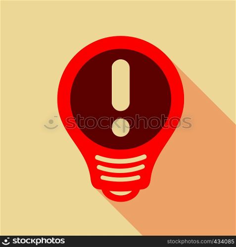 Red light bulb with exclamation mark inside icon. Flat illustration of red light bulb with exclamation mark inside vector icon for web. Red light bulb with exclamation mark inside icon