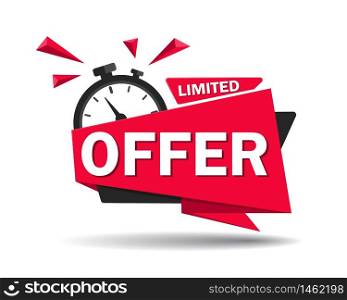 Red limited offer with clock for promotion, banner, price. Label countdown of time for offer sale or exclusive deal.Alarm clock with limited offer of chance on isolated background. vector illustration. Red limited offer with clock for promotion, banner, price. Label countdown of time for offer sale or exclusive deal.Alarm clock with limited offer of chance on isolated background. vector