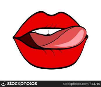 Red lips and tongue in pop art retro comic style, stock vector illustration eps 10