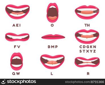 Red lips animation. Mouth talk sync, beautiful woman lip speaking english language pronunciation letter, sound speech, decent set vector illustration. Human facial education, english practice. Red lips animation. Mouth talk sync, beautiful woman lip speaking english language pronunciation letter, sound speech, decent set vector illustration