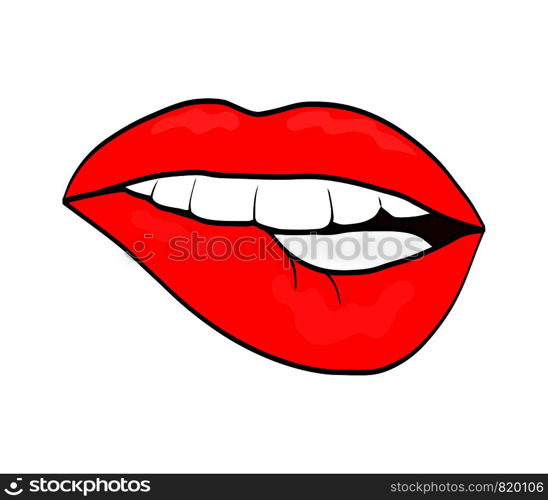 Red lips biting retro pop art comic style icon isolated on white background. Vector illustration.