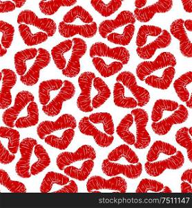 Red lips prints background with woman lipstick shaped as hearts. Seamless pattern for love or Valentine day concept themes design. Red lips prints background with woman lipstick