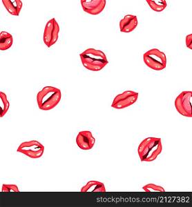 Red lips seamless pattern. Cartoon sexy beautiful lips set, concept of glamorous sensual kiss with red lipstick, vector illustration of female glossy smiles. Red lips seamless pattern