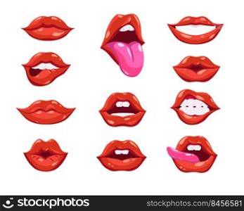 Red lips set. Female mouth, sexy smile with white teeth, woman biting lip, showing kiss expression or tongue. Vector illustration for glamour, lipstick, emotions, comics concept