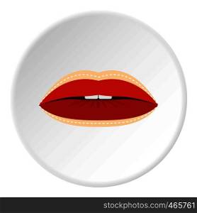 Red lips with lines drawn around it icon in flat circle isolated on white vector illustration for web. Red lips with lines drawn around it icon circle