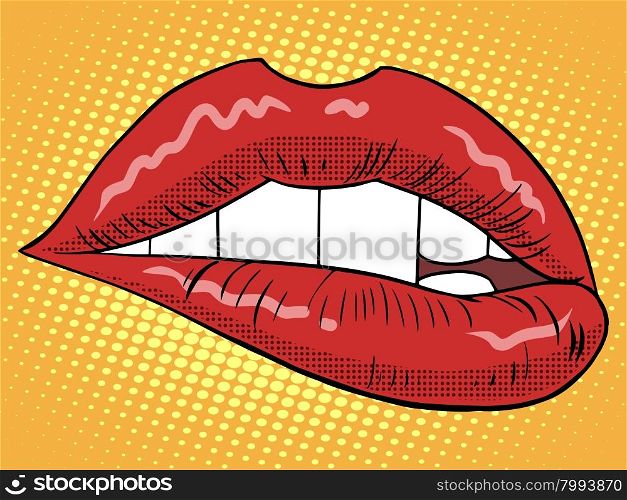 Red lips woman pop art retro style. Piece of a person. Fashion and beauty. A symbol of love. Feelings emotions. Red lips woman