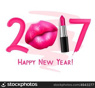 Red Lipstick New Year Poster . Winter 2017 trendy red tint lipstick new year greeting poster with beautiful full lips advertisement vector illustration