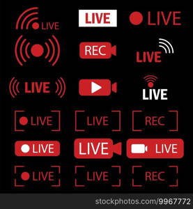 Red live recording icons. Stream icons black background. Camera icon. Vector ui screen. Live streaming logo. Stock image. EPS 10.. Red live recording icons. Stream icons black background. Camera icon. Vector ui screen. Live streaming logo. EPS 10.