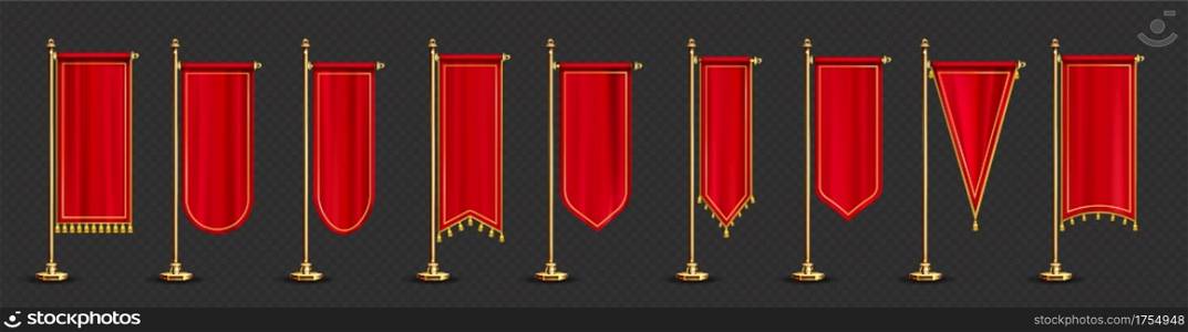 Red long pennant flags with golden tassel fringe isolated on transparent background. Vector realistic template of blank textile pennons different shapes on gold pillars. Red long pennant flags with golden tassel fringe
