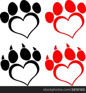 Red Love Paw Print With Claws. Set Collection