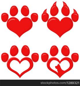 Red Love Paw Silhouette Print Logo Flat Design Set 1. Vector Collection Isolated On White Background