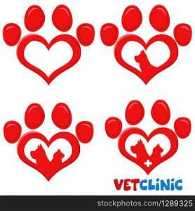 Red Love Paw Silhouette Print Logo Flat Design Set 3. Vector Collection Isolated On White Background