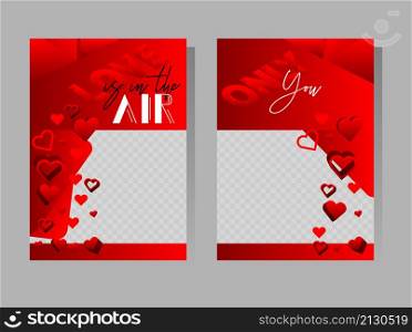 Red love presentations templates with hearts. Design with romantic phrases. Valentines day, wedding typography for leaflet, book, poster, flyer, brochure, cover design.
