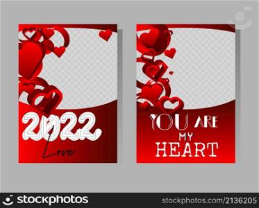 Red love presentations templates with hearts for 2022. Design with romantic phrases. Valentines day, wedding typography for leaflet, book, poster, flyer, brochure, cover design.